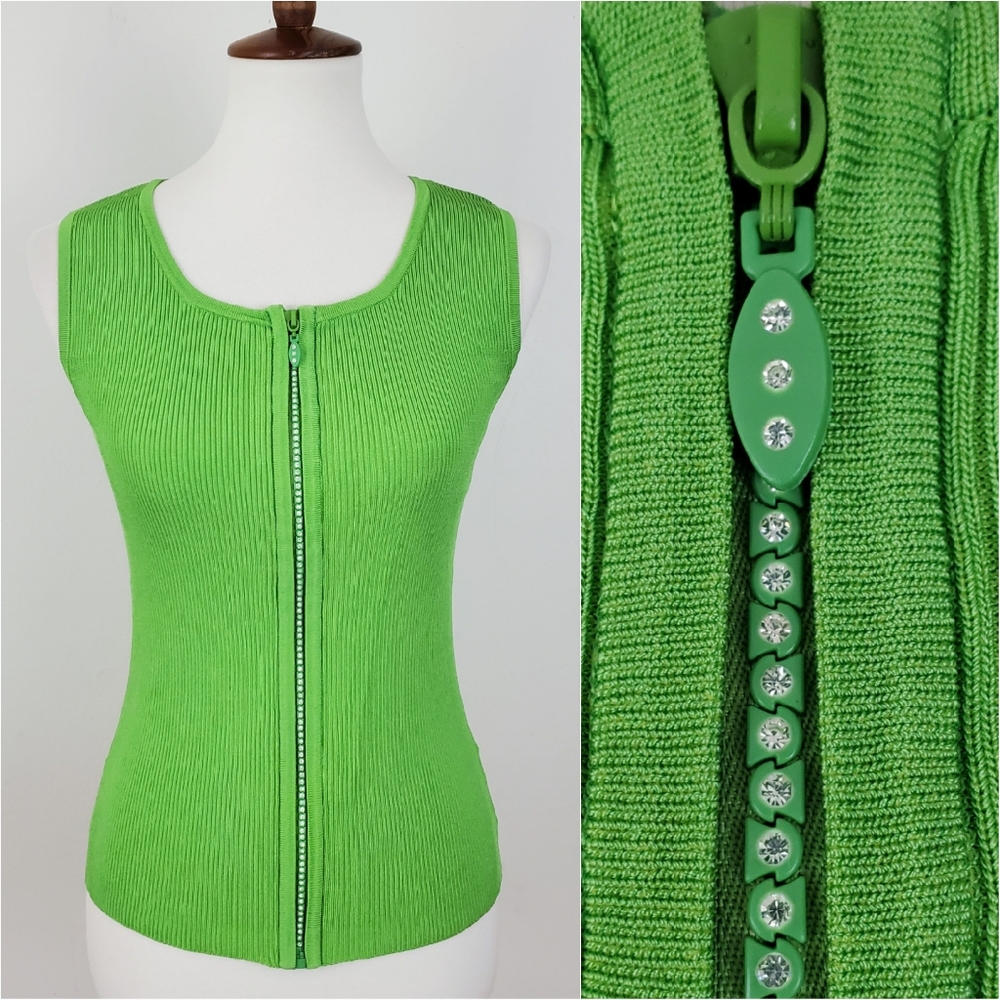 Belldini Vintage Y2K Green Ribbed Rhinestone Knit Tank